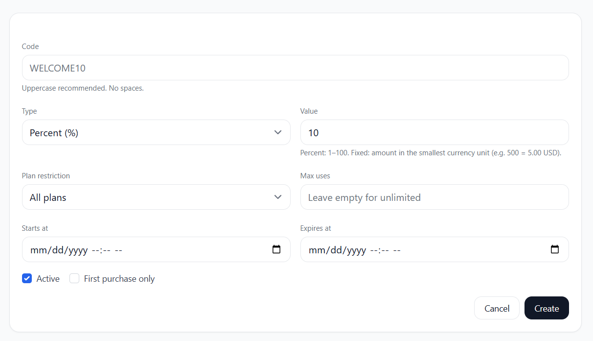 Coupon creation screen