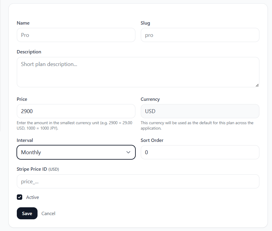 Plan creation screen