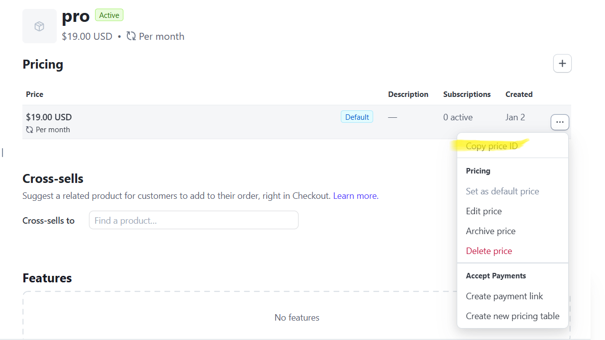 Copy Stripe price ID