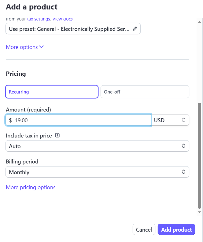 Creating Stripe product and pricing