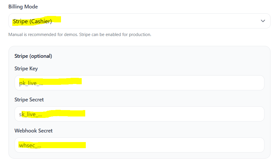 Stripe settings in admin panel