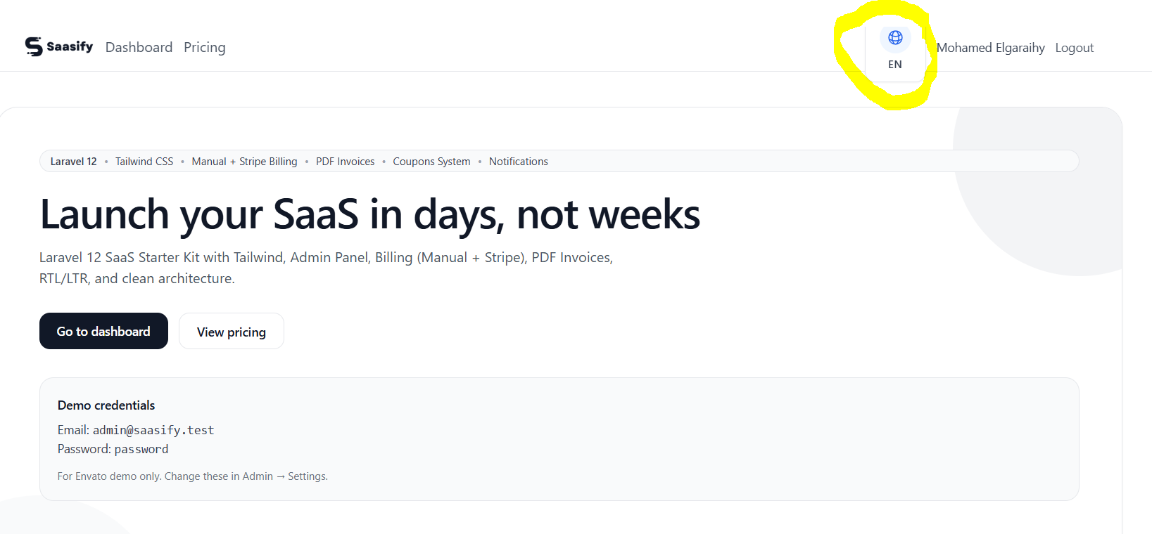 Language switcher in the website header